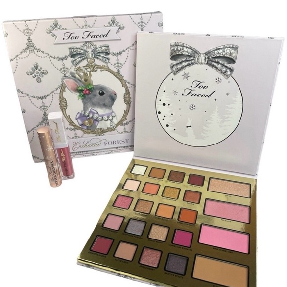 Too Faced Enchanted Eyeshadow Palette with Pink Lip Gloss and travel Mascara